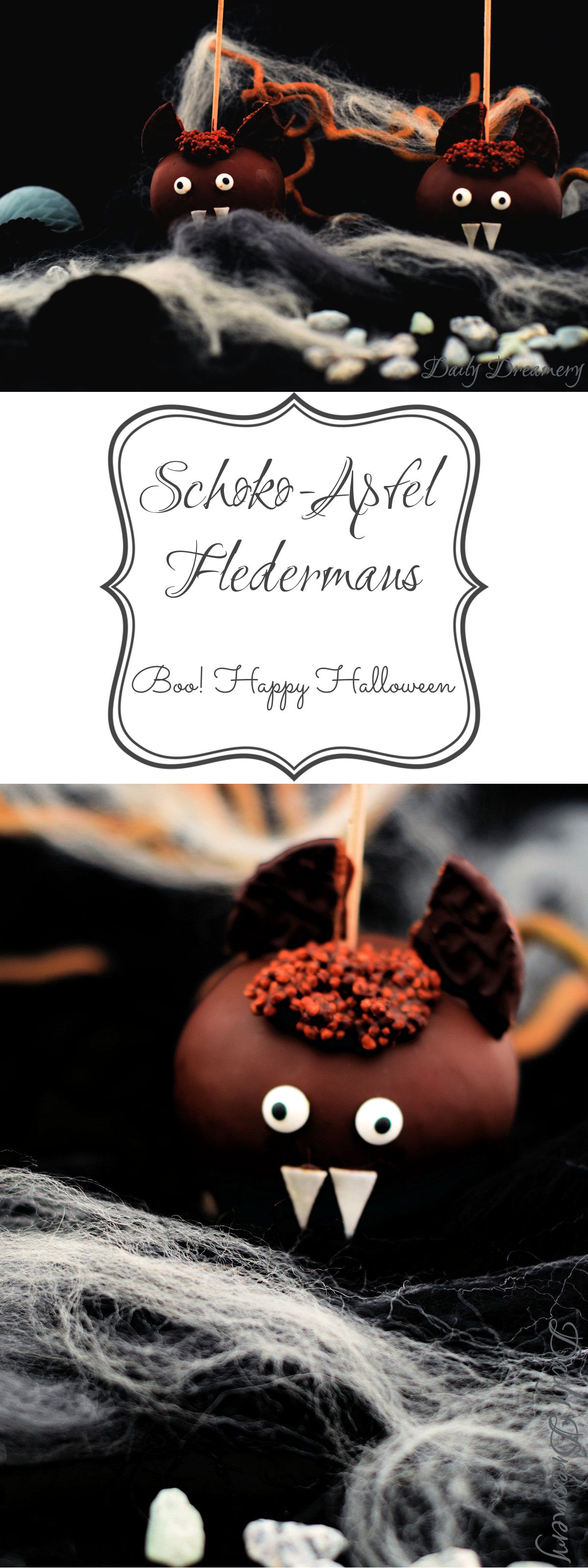 Schoko-Apfel Fledermaus - perfekter Snack für Halloween-Partys. Die kommen ganz sicher bei Groß und Klein an. #Halloween #Snack #