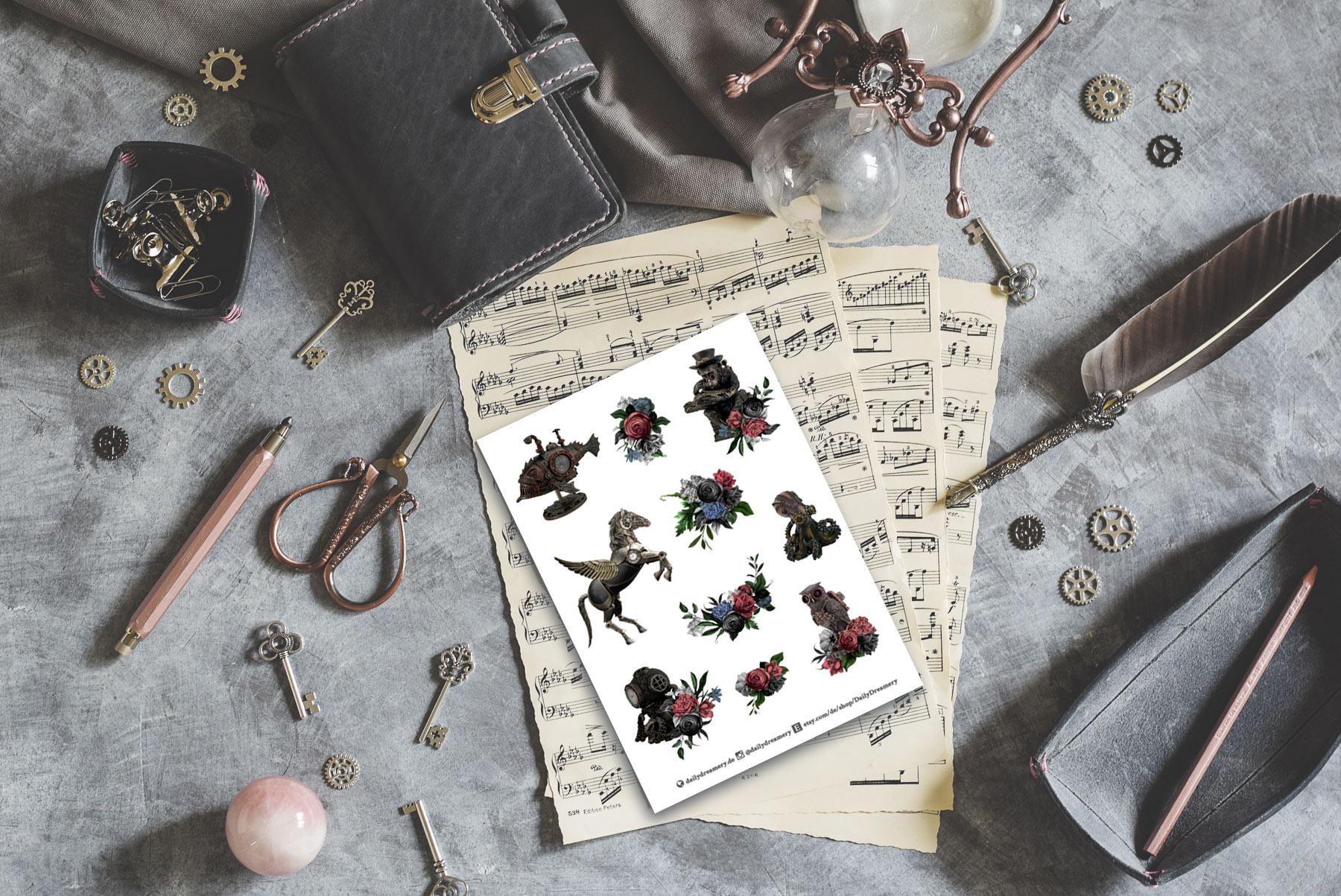 Sticker mit vintage-inspirierten Steampunk-Tieren und Rosen