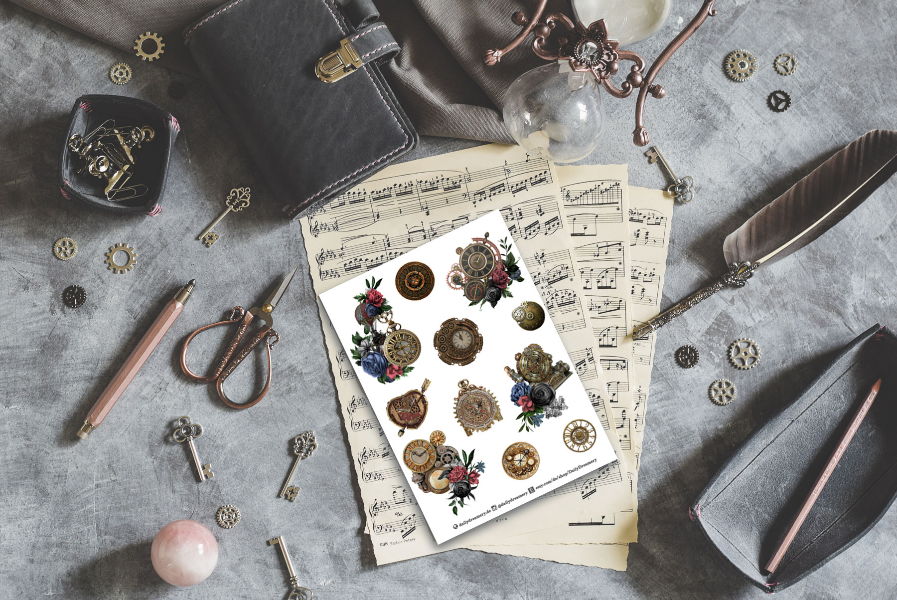 Stickerbogen mit Steampunk-Uhren und Rosen